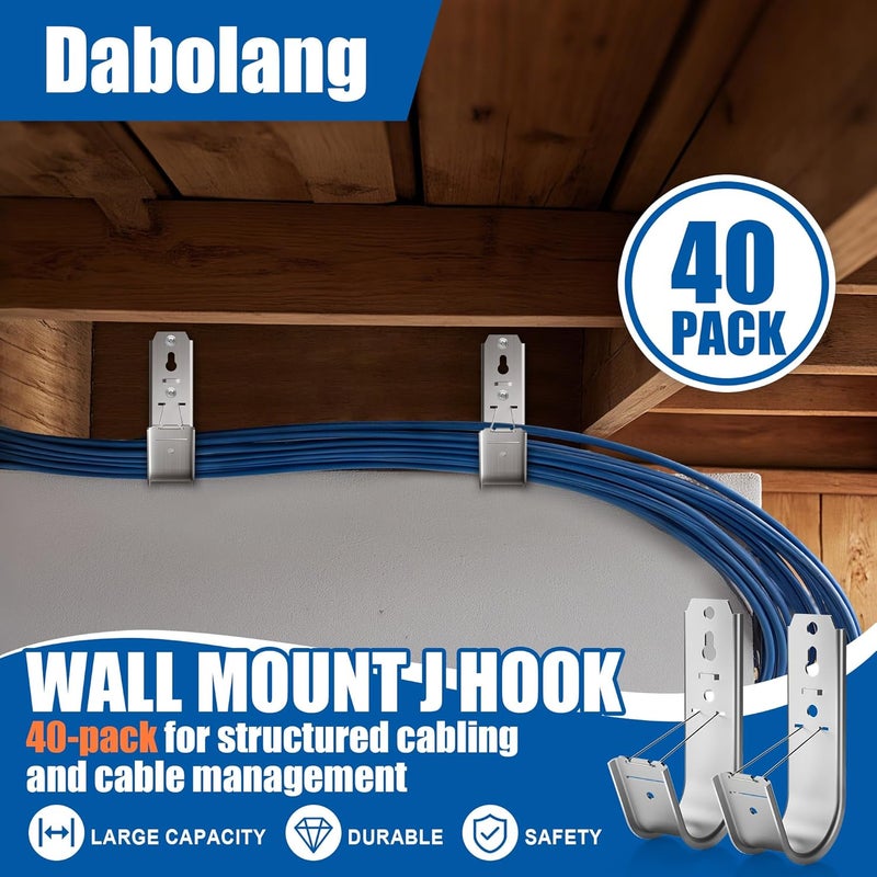 Dabolang 40 Pack J Cable Hook with Retainer Clip, 2-Inch Heavy Duty Wall Mount J-Hooks,J-Hook for Hanging Cable & Wire,Cable Hooks for Structured Cabling and Cable Management - Image 3